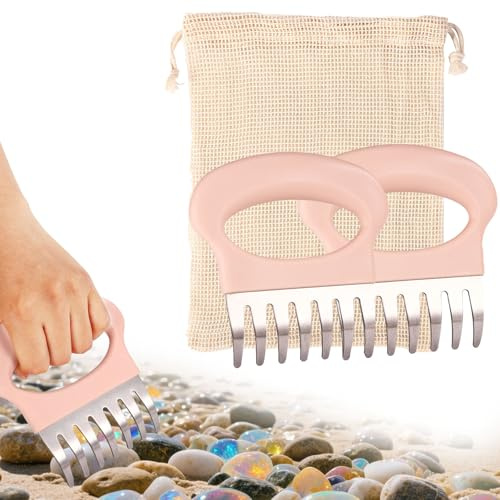 Lyreh 2pcs Sand Rake, Beach Comb with Mesh Bag Hand Held Rake Sand Sifter Pink Beach Scoop with Shovel for Picking up Shells Sea Glass Hunting Shark Teeth Digger Tools