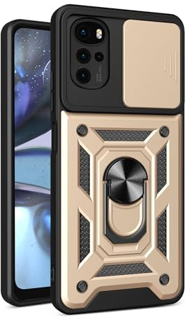 JayModCase Funda para Motorola Moto E32 / E32s / G22 Carcasa con Protección Militar Antigolpes, Cubierta de Cámara Deslizante y Soporte de Anillo Giratorio 360° Case for Moto G22 - Dorado