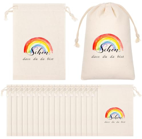 Xuniea 20 Stück Regenbogen Stoffbeutel mit Kordelzug für Geburtstag, Taufe | Gastgeschenke Geschenktüten, Geschenkbeutel Klein, Geschenktasche