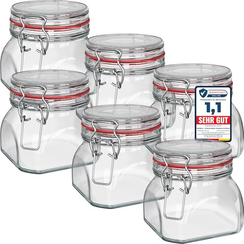 WELLGRO Einmachgläser mit Bügelverschluss eckig, Fermentierglas, Vorratsgläser mit Deckel, Bügelglas - Gläser mit Deckel Made in Germany (550ml x 6 Stück)