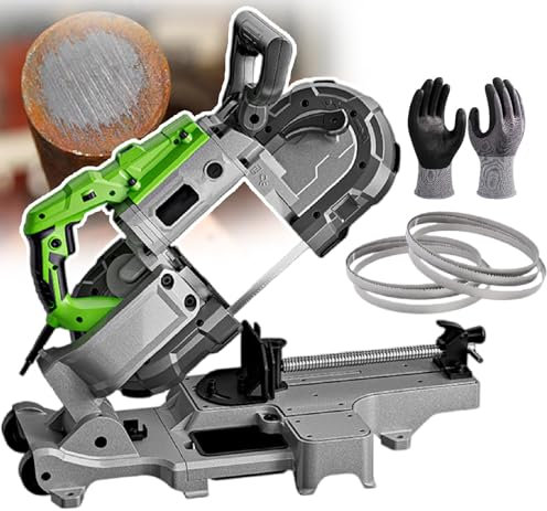 Sega a nastro portatile per il taglio di metalli, regolabile da 0 a 45°, con luce LED integrata, include lame multiple e guanti, ideale per rame, alluminio, acciaio e materiali per pavimenti