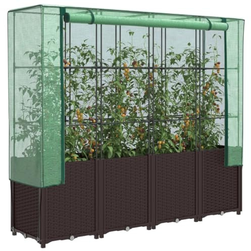 Qnhdfrt Aiuola rialzata con inserto per serra, effetto rattan, 160 x 40 x 153 cm, marrone e verde, design stabile per piante, verdure, erbe aromatiche in giardino, balcone, terrazza