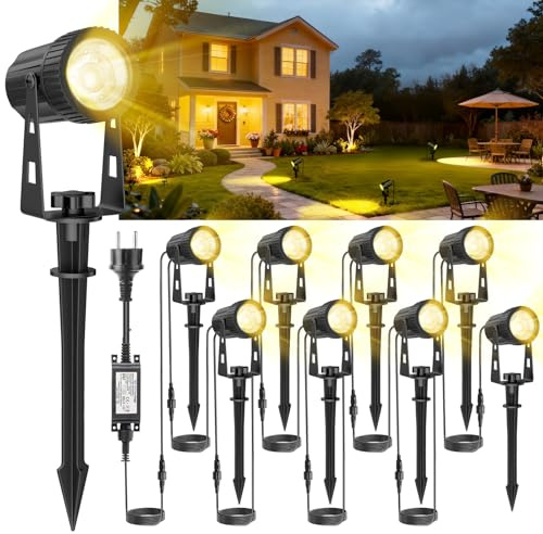 8 Gartenbeleuchtung LED, Gartenlampen für Draußen Strom mit Warmweiß 3000K, IP67 Wasserdichter, 26m 24V Gartenleuchten mit Adapter, Gartenstrahler für Terrasse, Gartenweg, Party, Rasen, Erdspieß
