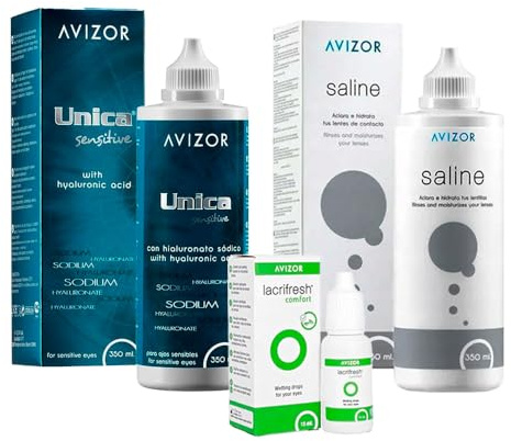 Unica Sensitive 2x350ml + Comfort 15ml + Saline 350ml Kit Solución Única para Lentillas Sensibles y Ojos Secos