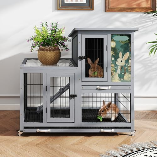 2-Tier Rabbit Hutch on Wheels, 99 x 60.5 x 93 cm Wooden Bunny Cage with Ramp & 2 Removable Trays, Indoor/Outdoor Guinea Pig House, Rolling Small Animal Run for Rabbits