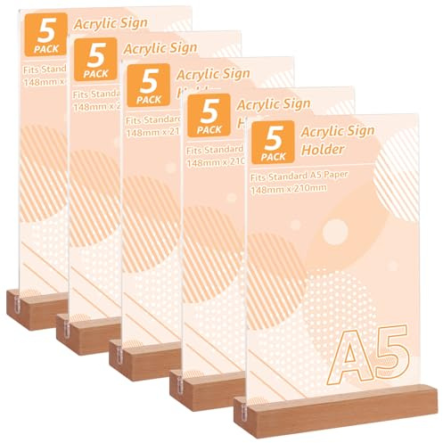 LDHHYH 5 Stück Tischaufsteller A5, A5 Aufsteller Holzsockel, T-Ständer Werbeaufsteller, Doppelseitig Schildhalter, Acryl Aufsteller Din A5, Werbeaufsteller Menükartenhalter für Restaurants, Büro, Cafe