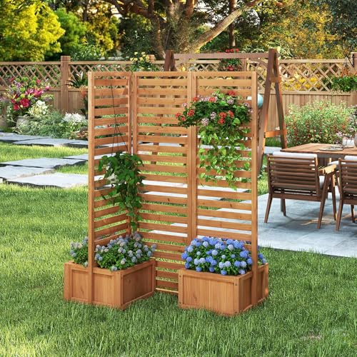 GOPLUS Pflanzkästen mit Sichtschutz, 3-teiliges klappbarem Gartenzaun, 2 Blumenkasten mit Abflusslöcher, Gartenspalier Holz, Raumtrenner freistehend für Terrasse, Garten & Hinterhof, 157 x 50 x 168 cm