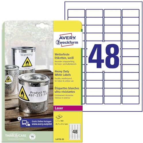 AVERY Zweckform L4778-20 Wetterfeste Etiketten, wasserfest, 45,7x21,2mm | 960 Aufkleber, Folienetiketten, Outdoor Klebefolie, extrem stark selbstklebend, strapazierfähig, 20 Blatt, weiß