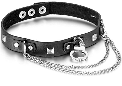 JewelryWe Schmuck Herren Damen Choker Halskette, Biker Punk Legierung Handschelle Handschellen Anhänger Panzerkette mit Nieten Leder Halsband Kragen Kette, Schwarz Silber