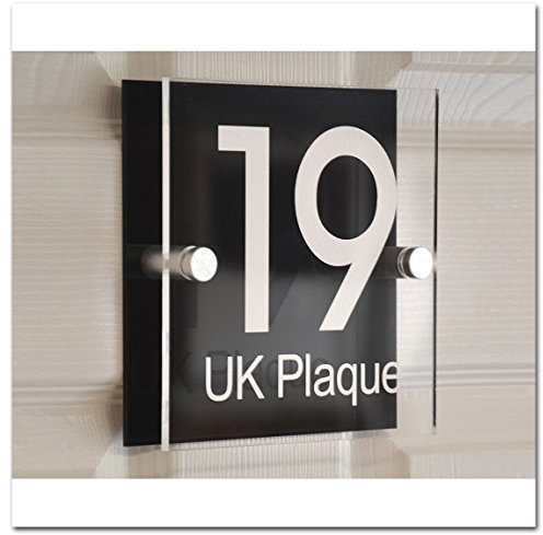 Placa cuadrada con número de casa personalizado, efecto de texto blanco, doble adhesión, diseño moderno, placa de cristal y placa trasera de acrílico de color negro, nombre de calle, nombre de la casa, signos de la casa, placas para puerta (6 estilos de letra a elegir)