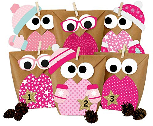 Papierdrachen Adventskalender 2025 zum Befüllen - 24 blaue Weihnachtseulen-Tüten - DIY Set mit Zubehör - weihnachtliche Motive für Kinder