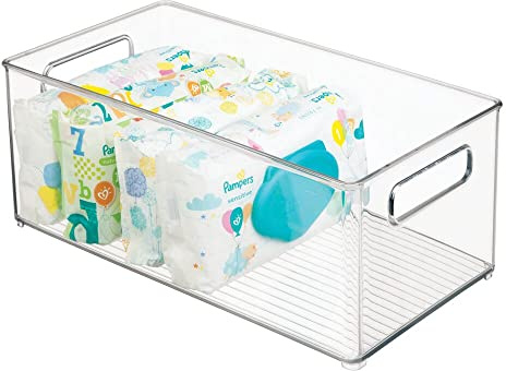 mDesign Plastic Deep Bin Organizer Caddy Container w/ Handles for Nursery, Kitchen, Pantry, Bathroom, Cabinet Storage Organization - Holds Snacks, Bottles, Baby Food Jar, Diaper - 14 Long -Clear