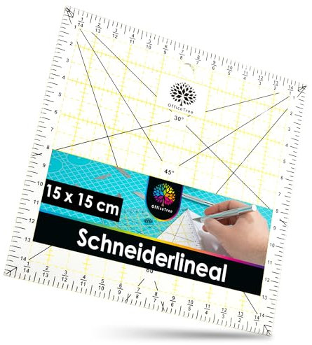 OfficeTree Patchwork Lineal 15x15 cm - Schneidelineal 15cm - Quiltlineale - Patchworklineal für Rollschneider - Schneiderlineal - Nählineal - Stofflineal - Nähzubehör Lineal - Quilting Ruler