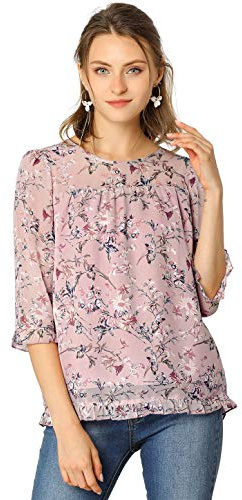 Allegra K Chiffon-Blusen für Damen, leger, 3/4-Ärmel, Oberteile mit Blumenmuster, Pink, Groß