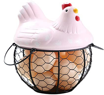 EESLL Chicken Egg Basket,Farmhouse Style Egg Storage Basket,Decorative Kitchen Storage Baskets,Wire Basket with Handles and Ceramic Farm Chicken Top,Egg Holders
