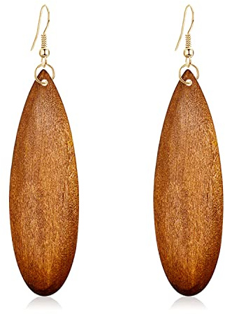 KVANU Bohemian Retro Black Brown Natural Wooden African Teardrop Dangle Drop Earrings Lightweight Handmade Long Big Vintage Wood Geometric Earrings for Women (Coffee)