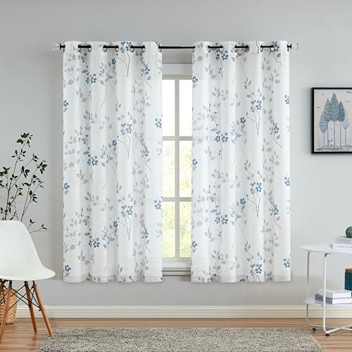 Beauoop Blue Grey Semi Sheer Floral Curtains for Living Room Bedroom 54 Inch Drop Linen Textured Farmhouse Curtains Leaf Printed Eyelet Rustic Drapes Window Treatment Set 2 Panels