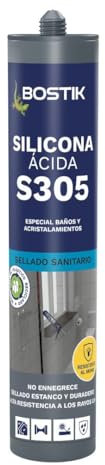 BOSTIK S305 SILICONA ÁCIDA Gris, Especial Baños y Acristalamientos, Sellado Sanitario, Estanco y Duradero, Alta Resistencia a los Rayos UV, No Ennegrece, Interior y Exterior, Cartucho 280 ml