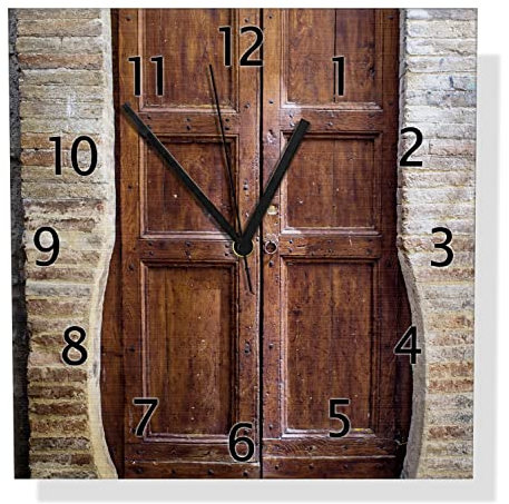 Wallario Design Wanduhr Holztür braun aus Aluverbund, Alu-Uhr Größe 30 x 30 cm, Schwarze Zeiger mit Metalloptik