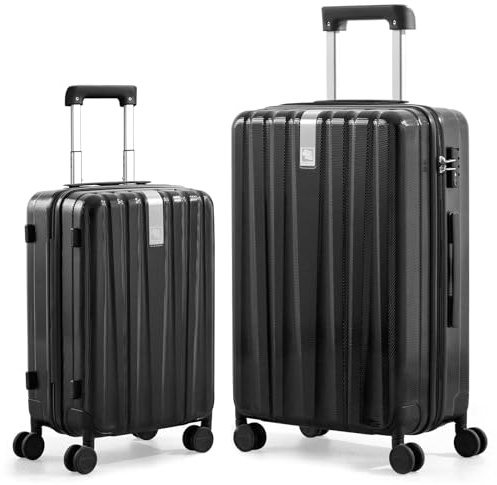 Hanke handbagage lätt hård sida PC kabinväska, Kolsvart, 2-Piece Set（20/29）, Hanke repbeständig lätt hård sida resväska.