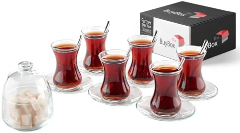 El juego de té turco tradicional de 19 piezas incluye: 6 vasos de té (4.3 onzas), 6 Soucers (Ø: 4.3), 6 cucharas de acero inoxidable y azucarero con cubierta de vidrio (8.5 onzas).