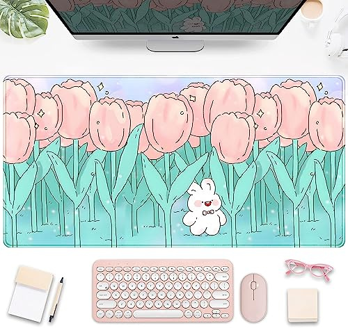 Kawaii Cartoon Kaninchen Schreibtischmatte, niedlich, rosa Tulpen, Schreibtischunterlage, Anime-Blumen-Mauspad, Mädchen Gamer Tastatur Mauspad, Bürodekoration Schreibtischzubehör für Frauen