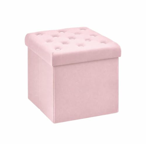 Bonlife Velvet Foldable Storage Ottoman Cube,Pink Footstool with Lid,40cm | Footrest Stool Seat, Chest Box,for Living Room,Bedroom,Entryway,with Hidden Storage,150kg Load Capacity