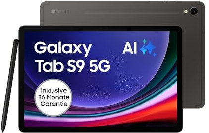 Samsung Galaxy Tab S9 AI-Android-Tablet, 5G, 128 GB / 8 GB RAM, MicroSD-Kartenslot, Inkl. S Pen, Simlockfrei ohne Vertrag, Graphit, Inkl. 36 Monate Herstellergarantie