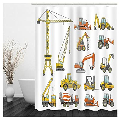 Whoiy Bad Vorhang 180X180, Duschvorhang Eckdusche Polyester Duschvorhänge Kran Bulldozer Orange Gelb für Outdoor Hotel