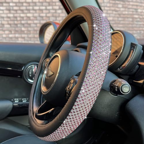 PINCTROT Bling Bling Comfy Steering Wheel Cover with Jumbo Crystal Rhinestones, Anti-Slip Diamond Leather, Universal 15 Inch (Pink)