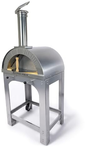 Forno A Legna Da Esterno, Per Pizza, Pane - Alfonso 2 Pizze Full Con Carrello In Acciaio Inox - Camera Di Cottura In Mattoni Refrattari Biscotto 3 cm, Pirometro 500 Gradi, Chiusura Bocca Forno