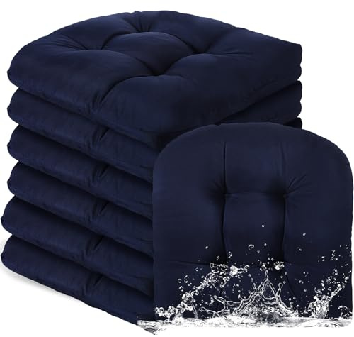 Thyle Outdoor Chair Cushions Set of 6 Waterproof Sun Protection Square Tufted Overstuffed Patio Furniture Seat Cushion for Patio Furniture Dining Indoor 19 x 19(Navy Blue)
