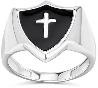 Bling Jewelry Personalisierbarer Unisex-Siegelring mit schwarzer Onyx-Einlage, religiösem christlichem Schild-Kreuz für Damen, Herren und Jugendliche aus 925er Sterlingsilber
