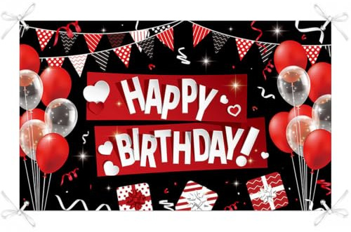 Happy Birthday Banner, Geburtstag Deko Banner, Rot Schwarz Happy Birthday Banner Party Hintergrund für Geburtstagsdeko, Geburtstagsfeier Dekorationen Banner für Männer Frauen,180x110CM