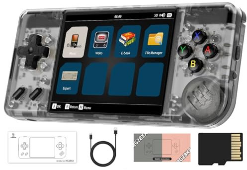 RG28XX Console di gioco portatile retrò, schermo IPS da 2,83 pollici, sistema Linux, scheda TF 64G integrata 5516, supporta applicazioni multimediali e uscita TV HDMI (nero trasparente)