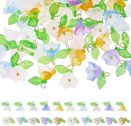 CHGCRAFT 100pcs Glass Bell Flower Charm Beads Pendant Charms Assorted Color Dangle Glass Bead Charms Bulk for DIY Jewelry Making