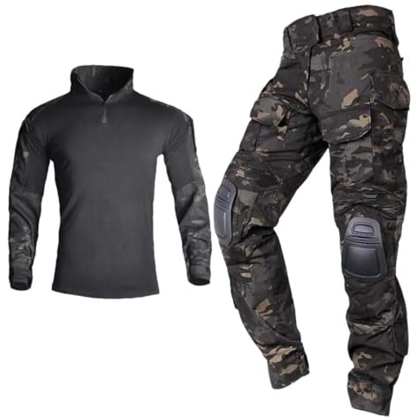 Verschleißfester Outdoor-Kampfanzug, Bekleidungs-Set, taktische Camo1-Kleidung, Jagduniform, Paintball-Ausrüstung, Schwarz CP mit Polstern, XL