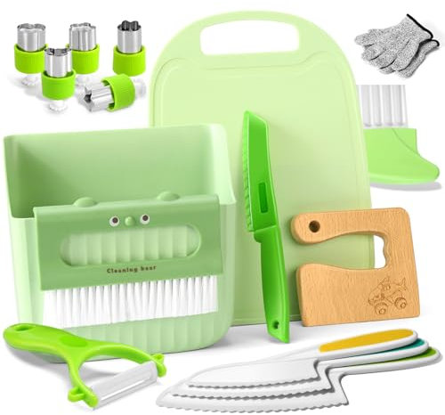 Kindermesser 15-teiliges Kinder-Küchenmesser-Set zum Schneiden und Kochen von Obst oder Gemüse für Kleinkinder, inklusive Holzmesser Schneidebrett Schäler (Haie)