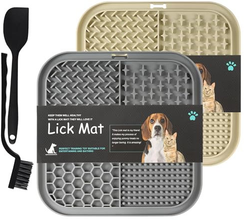 BASVII Schleckmatte Katze 20x20cm, 2 Stück Silikon Schleckmatte Hund mit Saugnäpfen, Starker Saugkraft, Verlangsamen Fressen Katzen und Hunden, Leckmatte Katze mit Spatel & Bürste, Leicht zu Reinigen