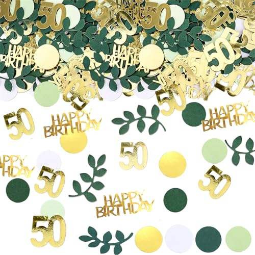 SHUBEIEUMI 100 Stück Konfetti 50 Geburtstag Deko, Metallic Gold, Grün, Weiß, Hellgrün, Blatt, Buchstaben, Zahlen, Tupfen, Partydeko, Konfetti, Geburtstagskonfetti