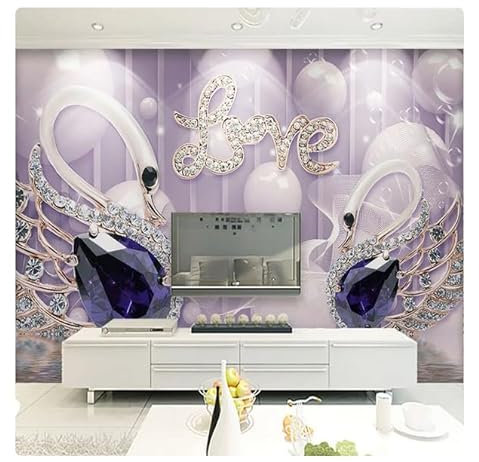Romantische lila 3D Schwan Juwelen Liebe Fototapete Wohnzimmer TV Sofa Hintergrund Wandverkleidung * 300cmx210cm (118.1x82.7inch)