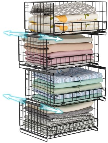 Hongtamoya 4-Tier Sliding Closet Organizers and Storage Shelves, Stackable Closet Shelf Organizer Basket Bins, Drawer Shelf Storage Container for Wardrobe Cupboard Kitchen Bathroom Office, Black