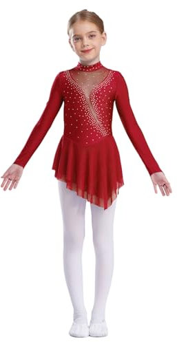 Jugaoge Mädchen Eiskunstlauf Kleider Langarm Tanzkleider Unregelmäßig Strass Mesh Spleiß Gymnastik Turn Anzug Body mit Tutu Rock Dancewear Burgundy 170