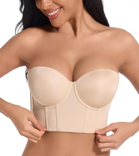 HACI Women's Plus Size Longline Strapless Bra Bustier Full Coverage Anti Slip Underwire Corset Top Body Shaper Tummy Control(Beige,40B)