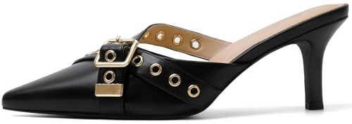 Mostrin Black Kitten Heels for Women Studded Heeled Mules Pointed Closed Toe Heels Vintage Heels Slip on Stiletto Heels Dressy Pumps Shoes Trendy Heels Size 8