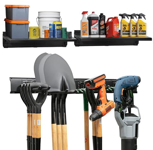 Heavy-Duty Garage Wall Storage System | Wall Mounted Tool Organizer Rack with Shelving | 10-Piece Mounting Kit | Includes 4x8.5” Adjustable Hooks & 2x16.5” Floating Utility Shelves