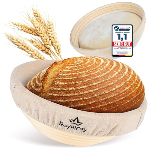 RoyalFay® Gärkörbchen rund 23 cm – Brotform aus natürlichem Rattan für Sauerteig und Brotteig – inklusive Baumwolltuch – Brotbackkorb für Teigruhe und knusprige Kruste
