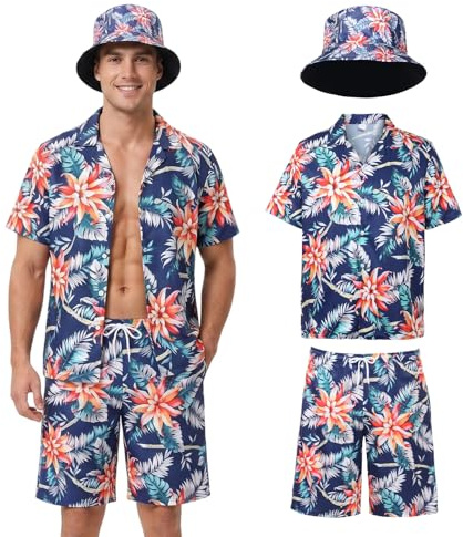 Antsparty Conjunto de camisa y pantalones cortos hawaianos para hombre, conjuntos hawaianos de flores con sombrero de pescador, gafas de sol, trajes casuales de verano para vacaciones en la playa