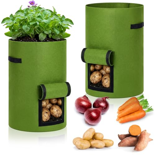Yoojahow 2 Pack 30 Gallon Potato Grow Bags with Harvest Window, Durable Garden Planter Bags with Handles for Potatoes, Tomatoes, and Vegetables - Indoor & Outdoor Gardening Supplies (Green)