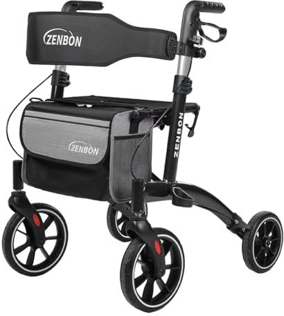 Deambulatore per Anziani Leggero Pieghevole: Rollator Leggero con Sedile Rollator per Anziani Pieghevole in Alluminio - Rollator da Viaggio con Attrezzatura Completa (Nero)